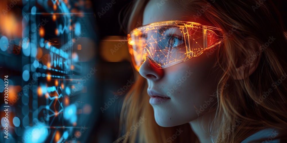 girl wearing virtual reality glasses with a VR head unit shrouded in digital data and neural networks. Bokeh and digital space background. Concept: symbol of immersion in the technological world girl wearing virtual reality glasses with a VR head unit shrouded in digital data and neural networks. Bokeh and digital space background. Concept: symbol of immersion in the technological world