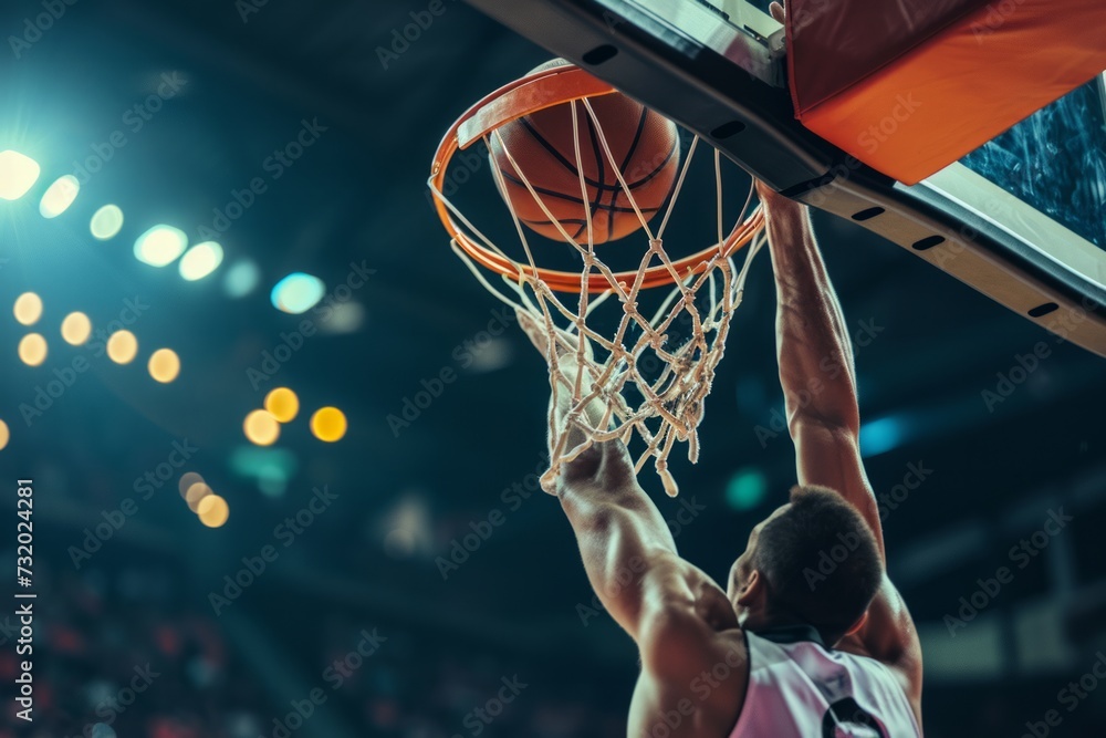 A basketball player slams a ball into the net during a game - obrazy, fototapety, plakaty 