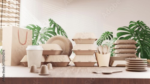 Assortment of sustainable packaging items on a table with a paper bag and green plants in the background, conveying an eco-conscious theme. photo