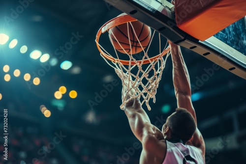 A basketball player slams a ball into the net during a game