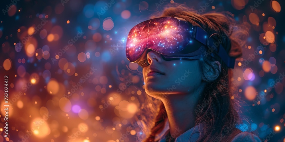 girl wearing virtual reality glasses with a VR head unit shrouded in digital data and neural networks. Bokeh and digital space background. Concept: symbol of immersion in the technological world girl wearing virtual reality glasses with a VR head unit shrouded in digital data and neural networks. Bokeh and digital space background. Concept: symbol of immersion in the technological world