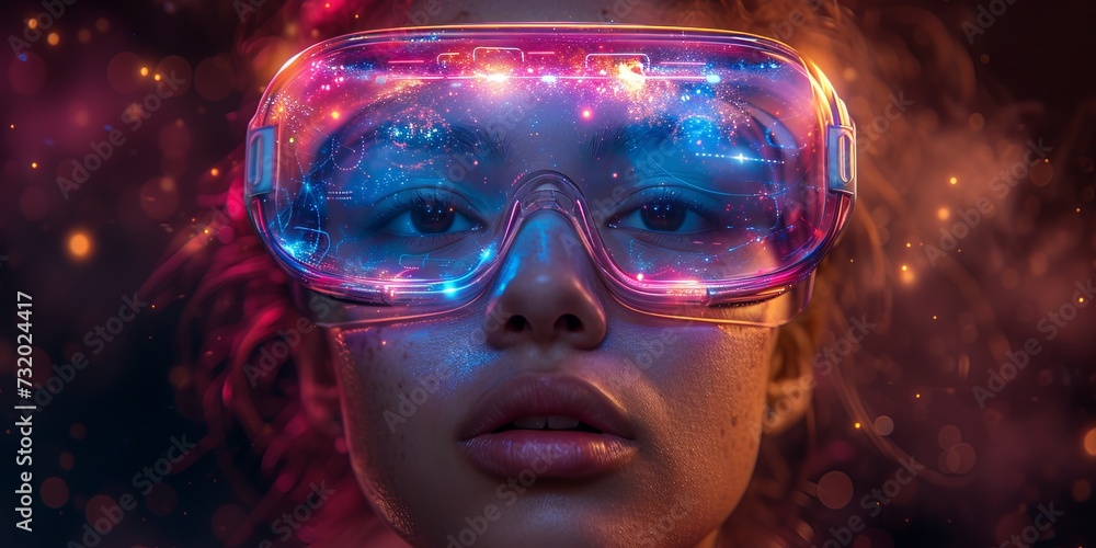 girl wearing virtual reality glasses with a VR head unit shrouded in digital data and neural networks. Bokeh and digital space background. Concept: symbol of immersion in the technological world girl wearing virtual reality glasses with a VR head unit shrouded in digital data and neural networks. Bokeh and digital space background. Concept: symbol of immersion in the technological world