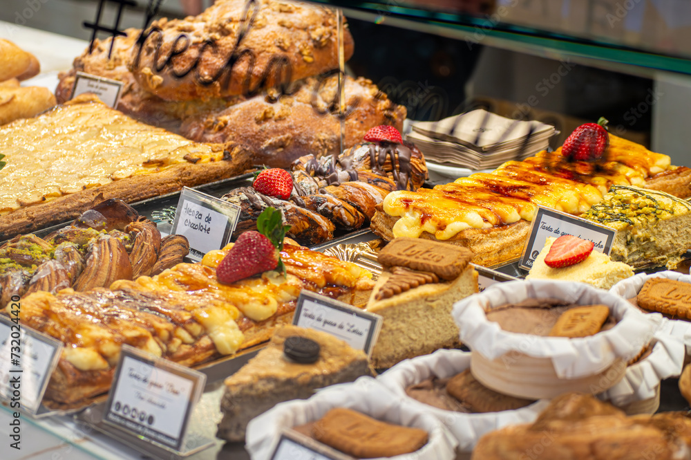 Variety of desserts on central market  in Valencia, Spain