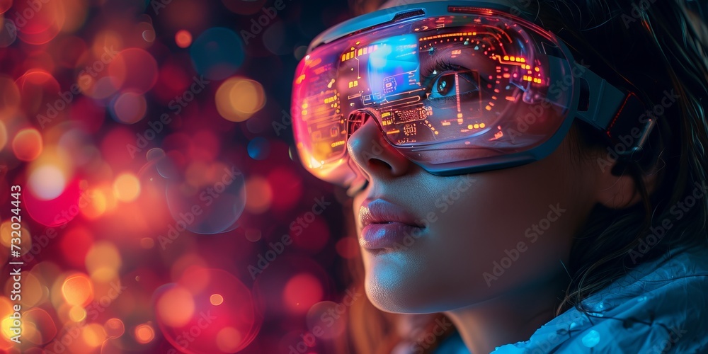 girl wearing virtual reality glasses with a VR head unit shrouded in digital data and neural networks. Bokeh and digital space background. Concept: symbol of immersion in the technological world girl wearing virtual reality glasses with a VR head unit shrouded in digital data and neural networks. Bokeh and digital space background. Concept: symbol of immersion in the technological world