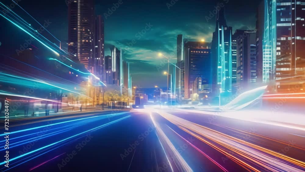 Timelapse of a night road on the background of skyscrapers. dynamics of lights merging in lines. Generative AI Timelapse of a night road on the background of skyscrapers. dynamics of lights merging in lines. Generative AI