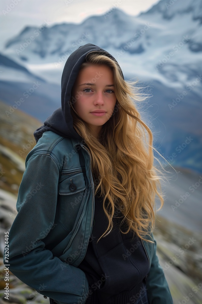 woman long blonde hair standing rocky mountain teen girl blue parka tomboy distant expression elf alluring aged ski masks business products supplies big flowing