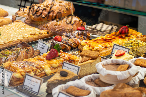 Variety of desserts on central market  in Valencia, Spain