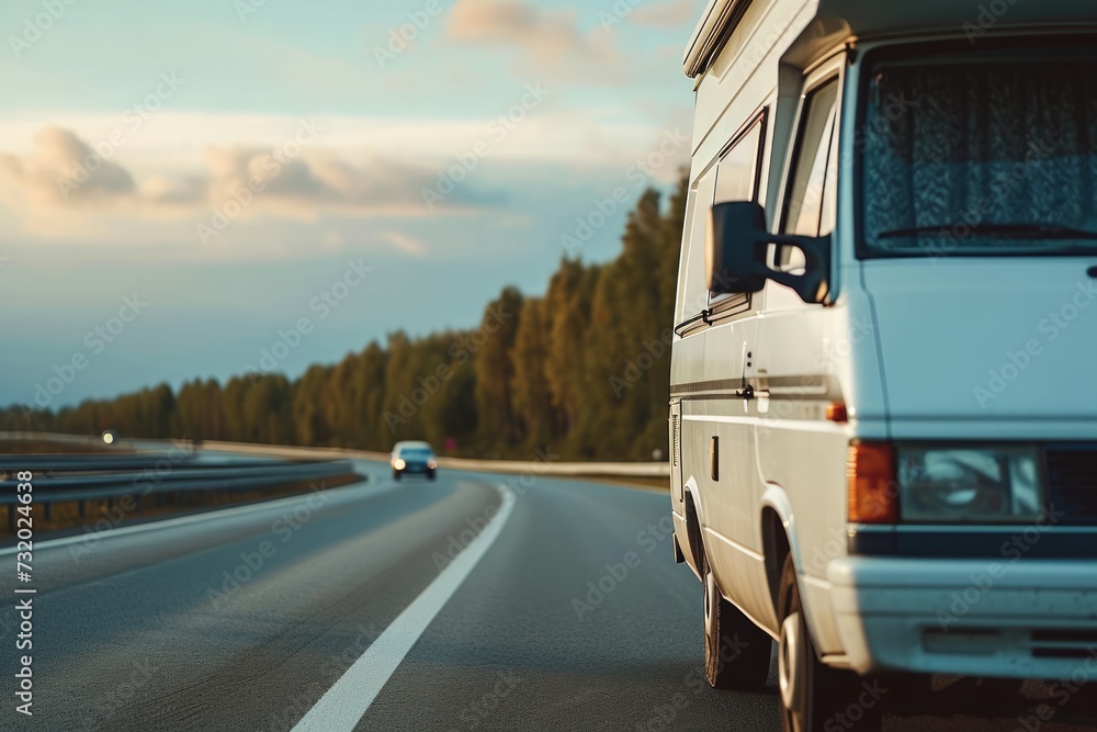 A camper van travels down a highway