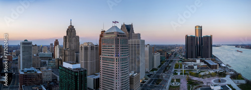 Aerial view of Detroit downtown under evening sunlight. Second biggest metropolitan area in American mid west. photo