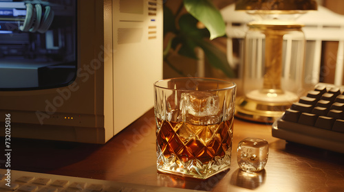 Cinematic wide angle photograph of a whisky glass on a desk with an 90s beige computer. Product photography. Advertising. photo