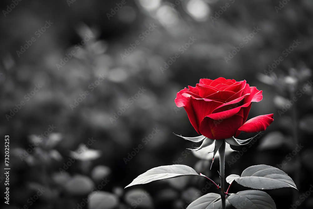 Fototapeta premium Black and white photo, contrast enhancing the texture of a single rose's petals, red petals standing out vividly against monochrome backdrop. Generative AI