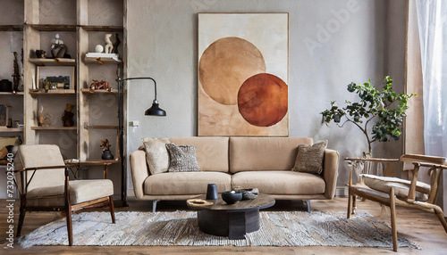 Contemporary Fusion: Japandi Interior Design featuring a Stylish Beige Sofa and Earthy Tone Paintings photo