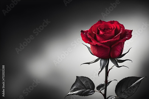 Black and white photo, contrast enhancing the texture of a single rose's petals, red petals standing out vividly against monochrome backdrop. Generative AI