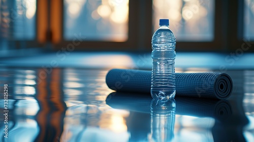 A reflective gym floor with a single yoga mat and a water bottle, capturing the tranquility and focus required for a mindful yoga practice.
