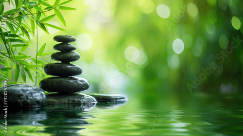 Zen stones on the water, balance meditation, harmony wellness life and spa concept