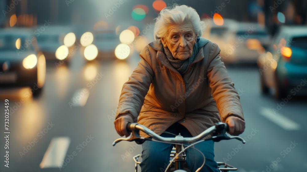 Elderly woman rides a bike in traffic