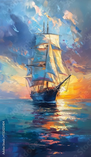 sailboat sailing ocean sunset blurred dreamy illustration deep surrounds ship illusion hidden bright pirate flag arms still avatar