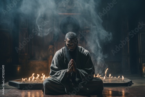 Christian devotee praying humbly before the sacred cross, seeking spiritual guidance and tranquility