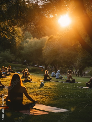 A serene outdoor yoga session at sunset, with participants on mats spread across the grass, the warm glow of the sun accentuating the peaceful ambiance and connection to nature.