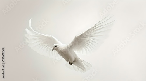 Graceful white dove in mid-flight against a soft background. elegant, peaceful bird symbolizes hope. ideal for serene concepts. AI © Irina Ukrainets