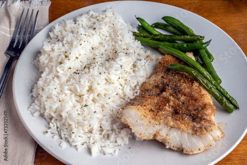 baked cod with  rice and green beans,