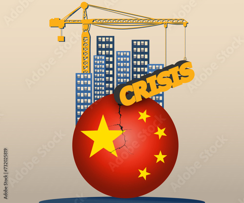 Economic crisis in the real estate market in China, flag of China New buildings