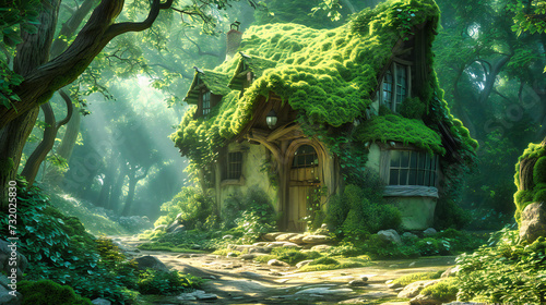 Enchanted forest scene with a mystical house, inviting into a world of fairy tales and imagination