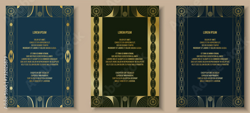 Elegant classic art deco ornament frame gold ornament line invitation card, background, flyer, template, brochure set. Decor for gala card, grand opening, wedding, awards text