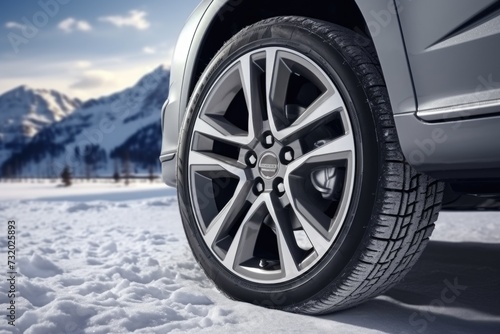 Wheel on winter tires in winter on the background of mountains