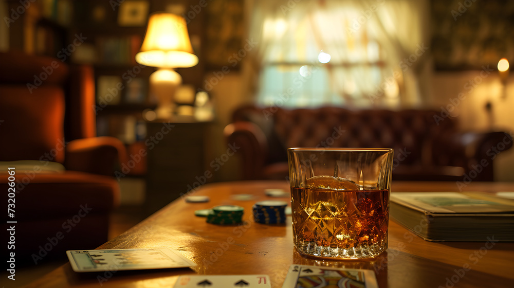 Cinematic wide angle photograph of a whisky glass on a card game in a livingroom. Product photography. Advertising.