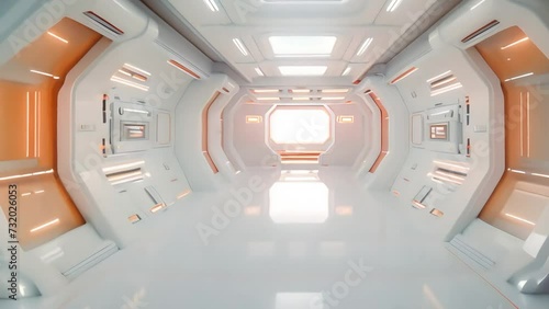 White corridor in a space station, illuminated by lamps. the glare of light reflects off the floor. skyfire theme. future and technology. Generative AI photo