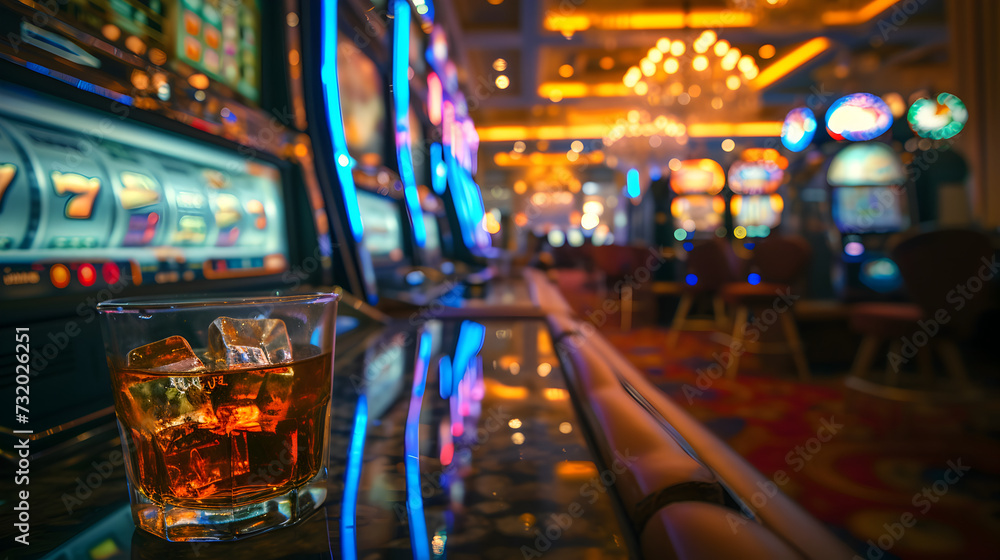 Cinematic wide angle photograph of a whisky glass in a casino slot machines. Product photography. Advertising.