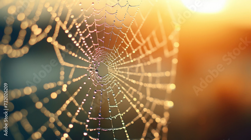 Macro view of a spider's web with morning dew and rising Sun in the background #732026209