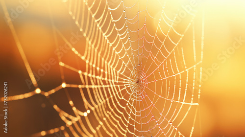 Macro view of a spider's web with morning dew and rising Sun in the background