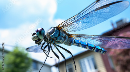 Super macro view of dragonfly blue in-flight with blurred houses in the background --ar 16:9 --v 5.2 Job ID: 81abbf21-714c-43d8-a63f-a4aa3c3c2204
