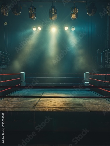 An empty boxing ring in a gym under a spotlight, conveying anticipation and the silent preparation before a fight or training session. © Fokasu Art