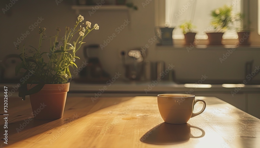 A cup of coffee on the kitchen table.
