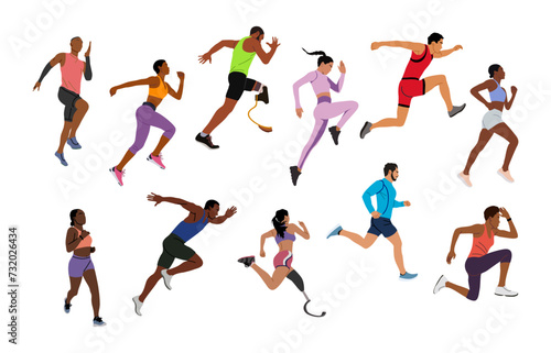 Runners set. Male and female athletes running. Healthy active lifestyle. Maraphon, Sprint, jogging, warming up. Sport, fitness design, flat style vector illustrations isolated on white background.