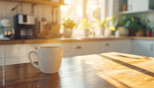 A cup of coffee on the kitchen table.