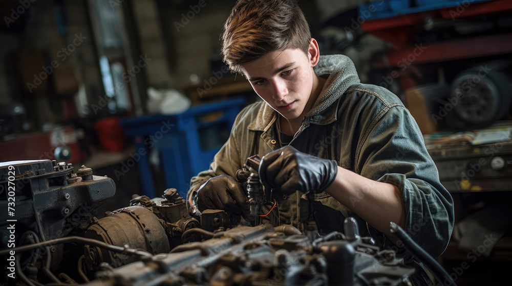 Young mechanic apprentice diligently fixes engine in dimly lit garage, showcasing skill and dedication. Blue-collar professionalism and hands-on training evident