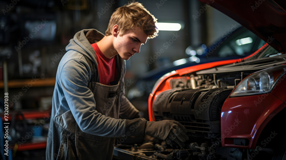 Young car mechanic apprentice. Dark garage, fixing engine, Youth employment