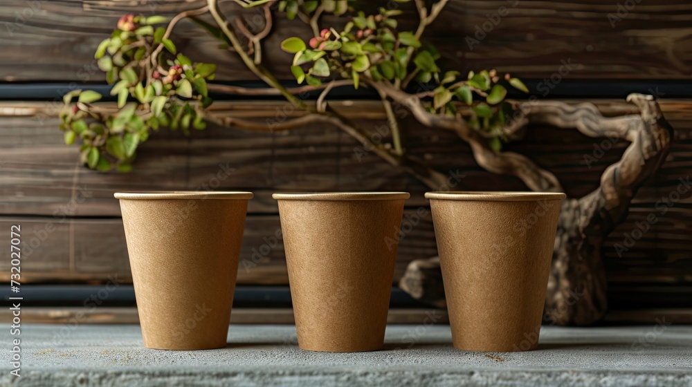 Green concept: Close-up view of eco-friendly cups on a concrete and wooden surface. Ecology mock-up with ample copy space.