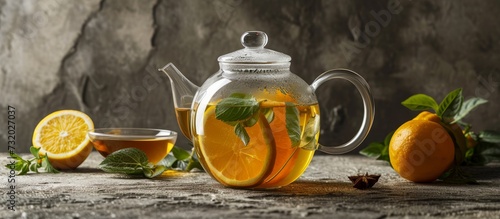 A liquid amber tea is accompanied by a glass teapot containing orange slices and mint, served alongside a cup of tea on a windowed table.