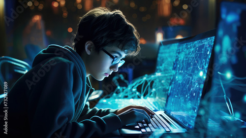 Teenager learning to right programs in hi-tech environment, with AI glowing graphic overlays