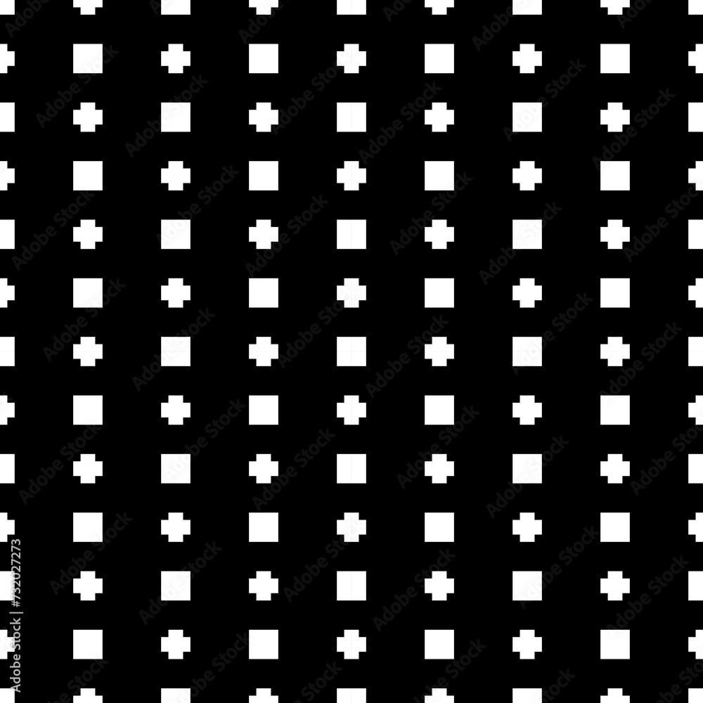 Seamless pattern. Signs ornament. Figures motif. Crosses, squares wallpaper. Simple shapes backdrop. Pluses, checks background. Digital paper, textile print, abstract illustration. Vector artwork