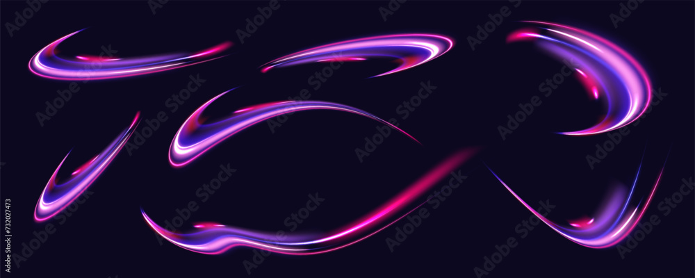 Abstract energy in the form of stripe, arc, curl and zigzag in neon colors with light effect. и Acceleration speed motion on night road. Bright sparkling background