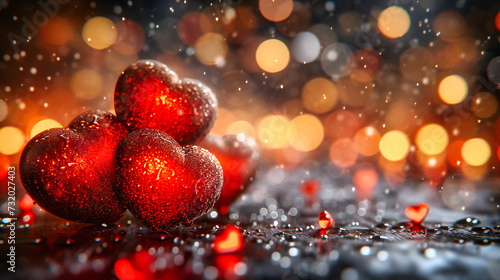 Festive Christmas background with snow and bokeh lights, adorned with red heart ornaments for a holiday touch