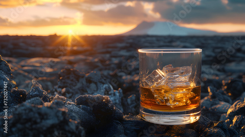 Cinematic wide angle photograph of a whisky glass in the border of a volcano. Product photography. Advertising.