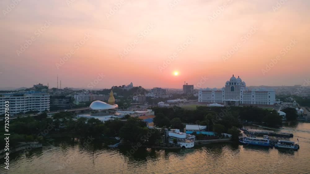 Telangana state capitol building and Hussain Sagar lakei in Hyderabad city , India. A major Information technology hub in India. Telangana state capitol building and Hussain Sagar lakei in Hyderabad city , India. A major Information technology hub in India.