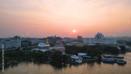 Telangana state capitol building and Hussain Sagar lakei in  Hyderabad city , India. A major Information technology hub in India. photo